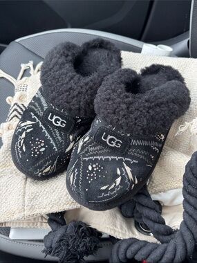 UGG Coquette Black Suede Shearling Slip-On Embellished Mule Slippers